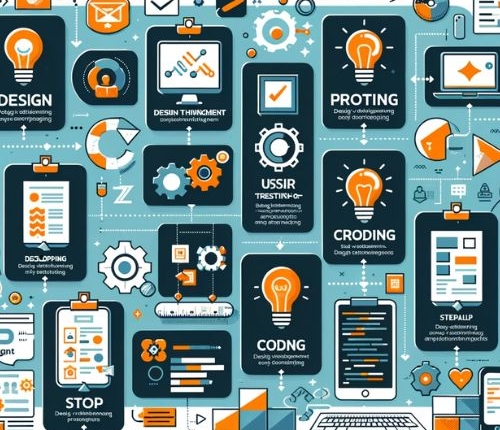 Engaging infographic detailing the steps of design and development, including design thinking, prototyping, coding, and user testing
