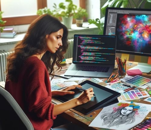 Diverse workspace scene with a Caucasian female designer and a Hispanic male developer collaborating over digital and coding projects